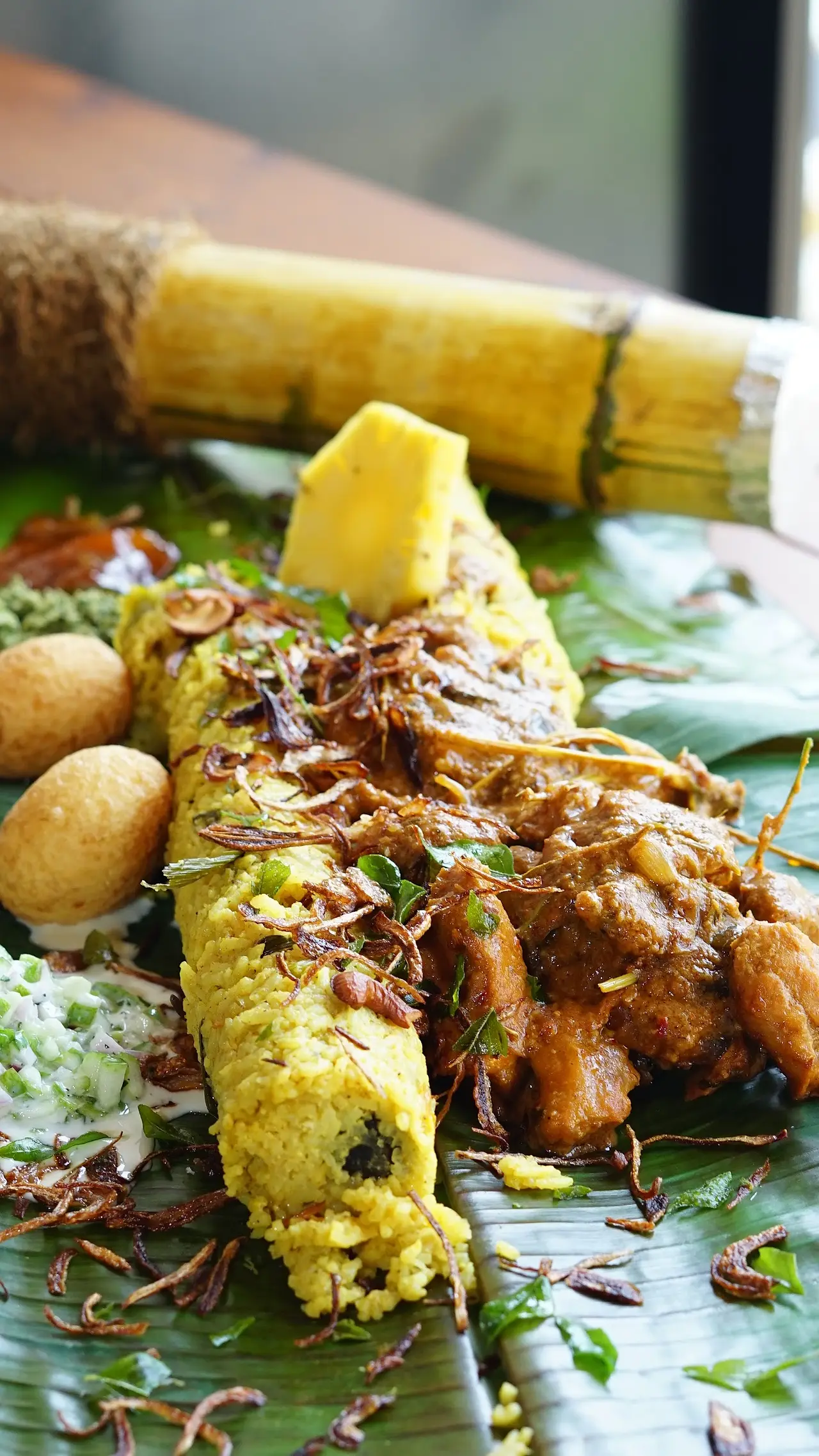 Chicken lamprais opened on a banana leaf