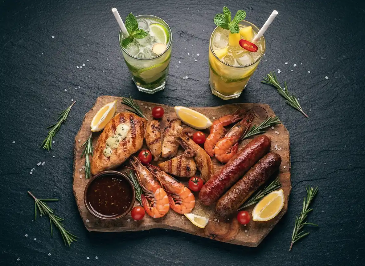 Mixed grill platter of chicken, sausages and prawns with two drinks