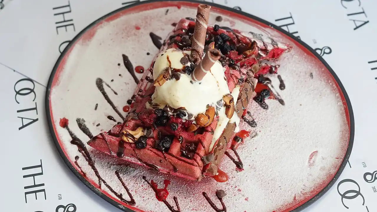 Waffle with ice cream and chocolate