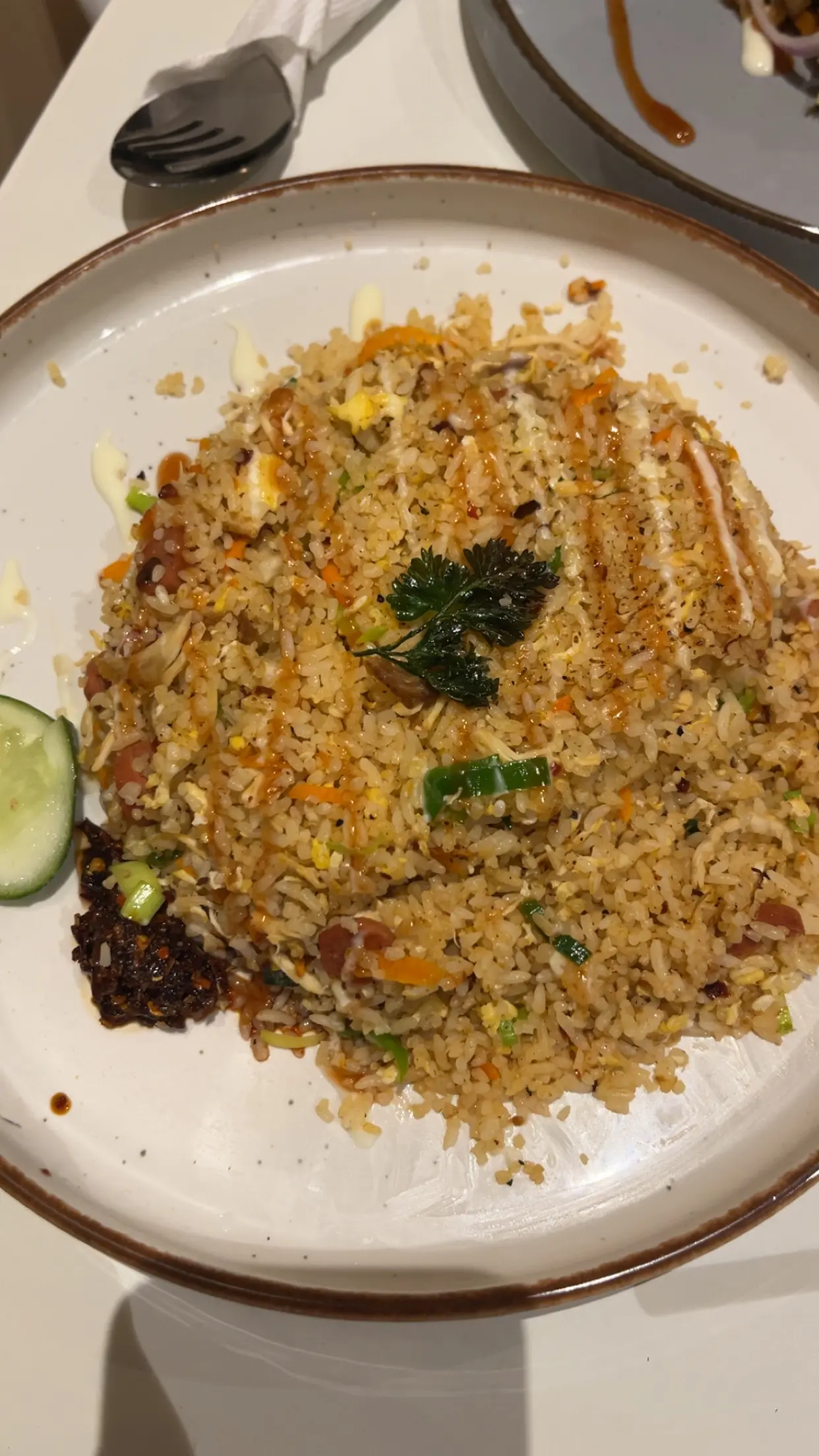 Plate of fried rice with herbs, photographed by a guest